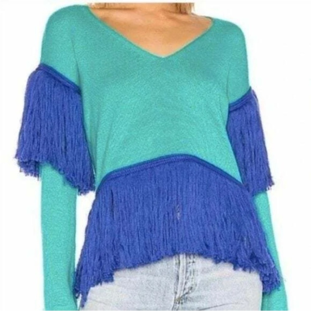 House of Harlow & Revolve Fringe Detail V-Neck Sweater - Teal and Blue Sz XS NWT